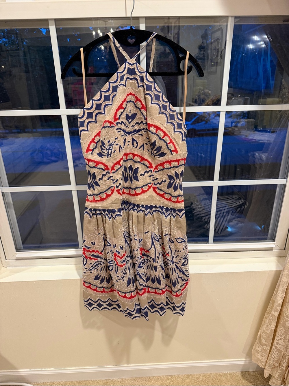 BCBG Neutral Halter Dress with Navy & Red Embroidery
